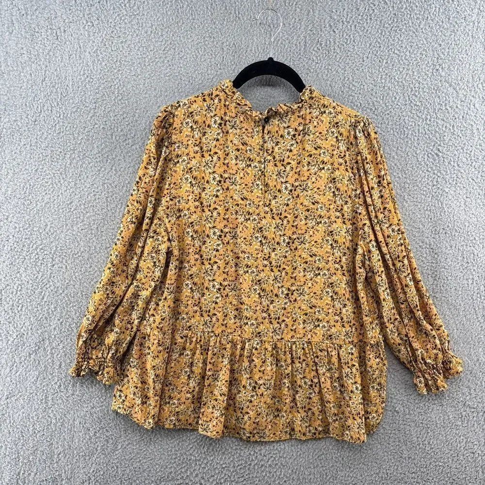 Nobody’s Child Mustard Floral Ruffle Mock Neck Peplum Blouse Long Sleeve Size 10